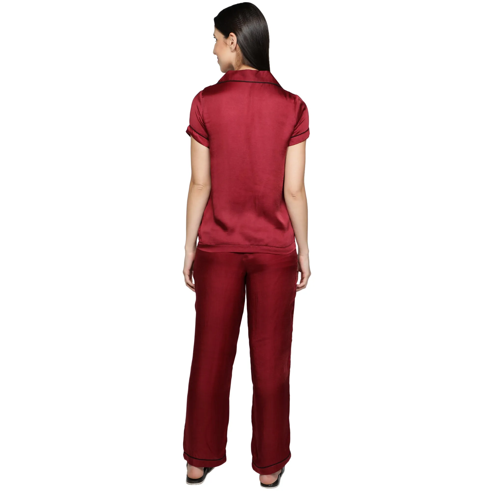 SLAY. Women's Nightwear Cherry Red color Half Sleeve Button Up Shirt & Pyjama Co-ord Set with matching Eye mask & Ruffle