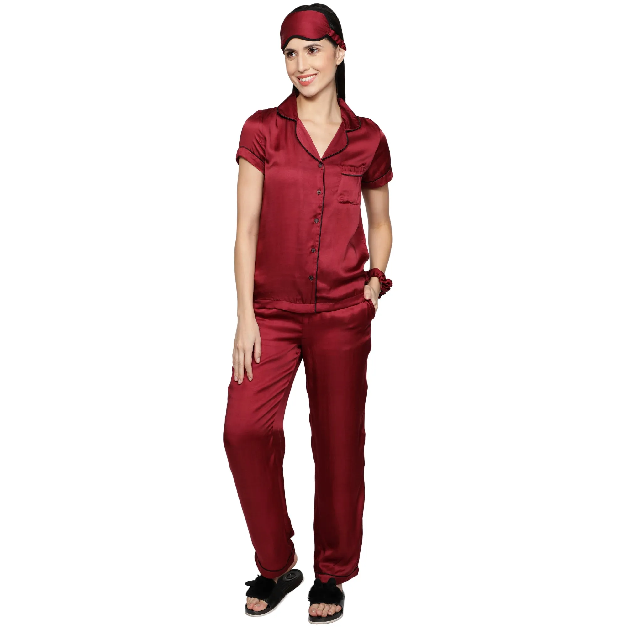 SLAY. Women's Nightwear Cherry Red color Half Sleeve Button Up Shirt & Pyjama Co-ord Set with matching Eye mask & Ruffle