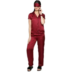 SLAY. Women's Nightwear Cherry Red color Half Sleeve Button Up Shirt & Pyjama Co-ord Set with matching Eye mask & Ruffle