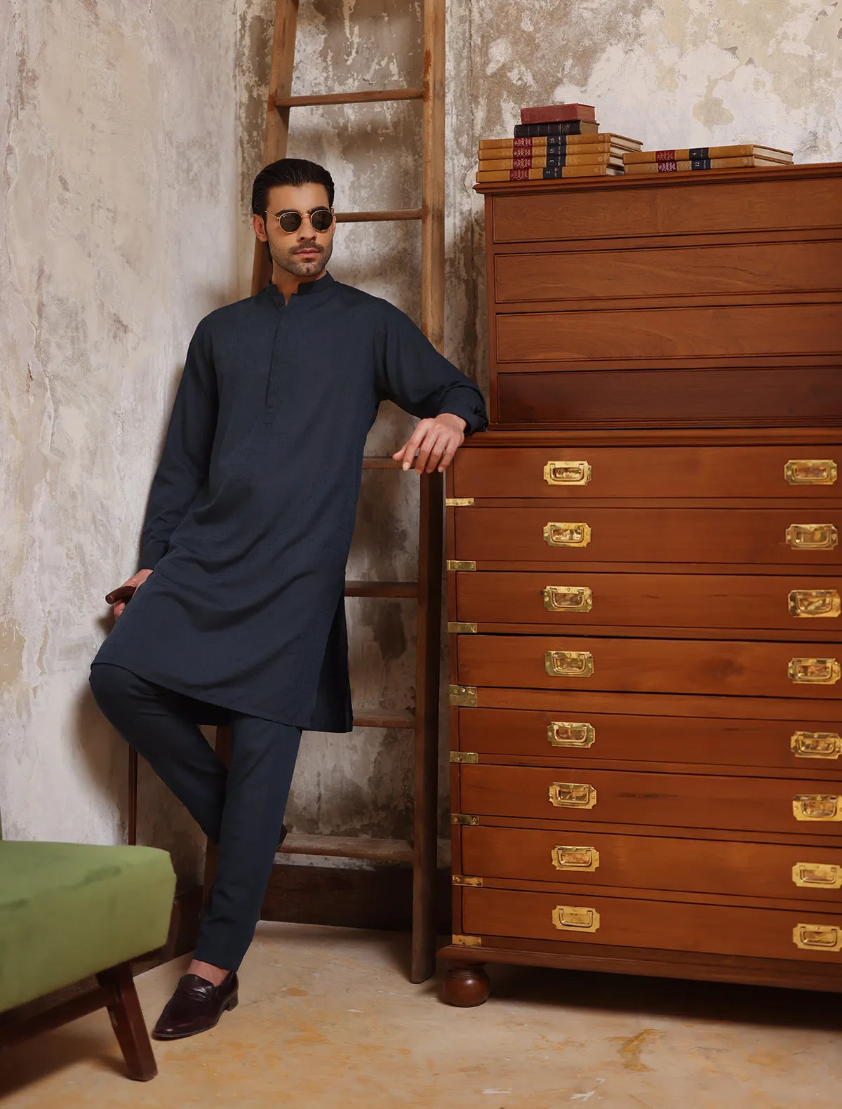 TEAL BLUE JACQUARD KURTA PAJAMA