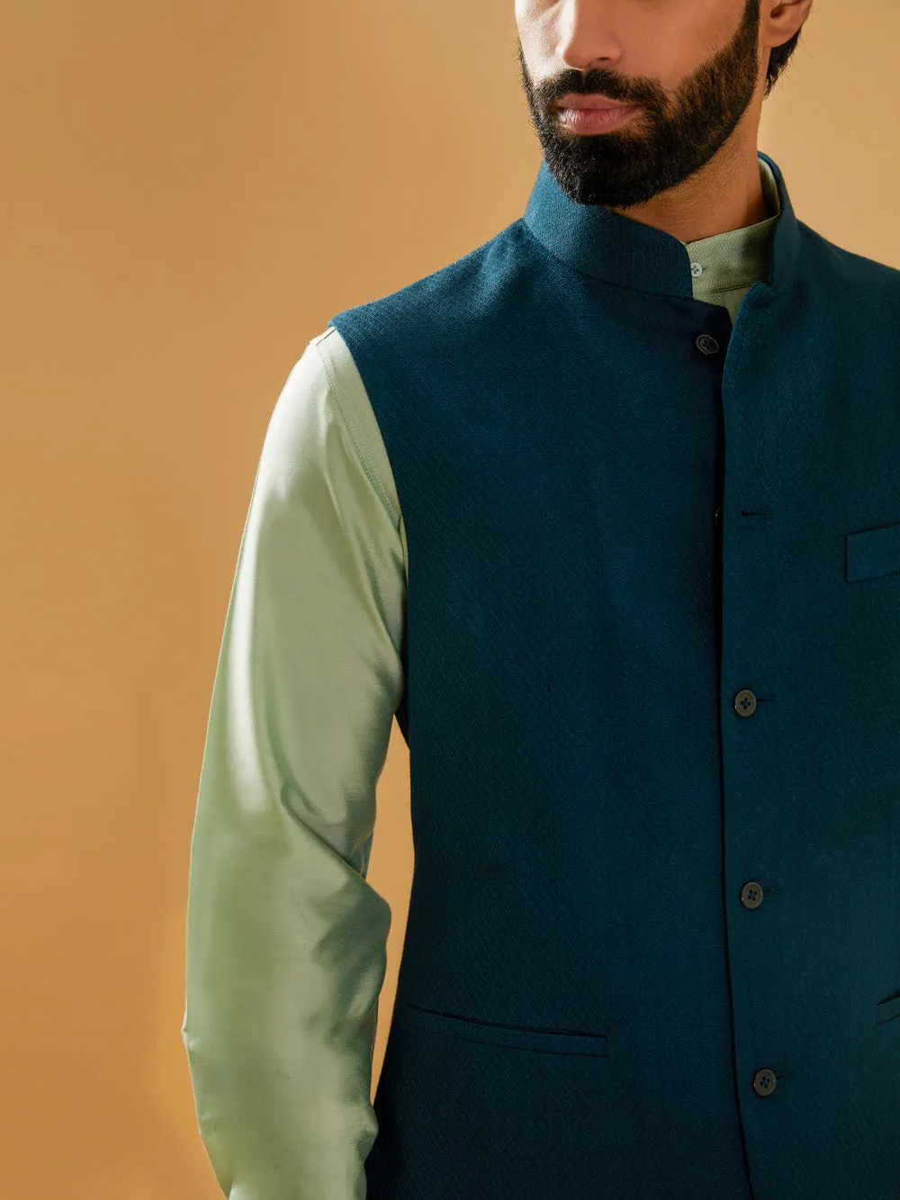 Teal Blue Textured Waistcoat