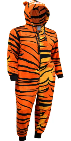 Tiger Stripes Plush Orange and Black Onesie Hooded Pajama