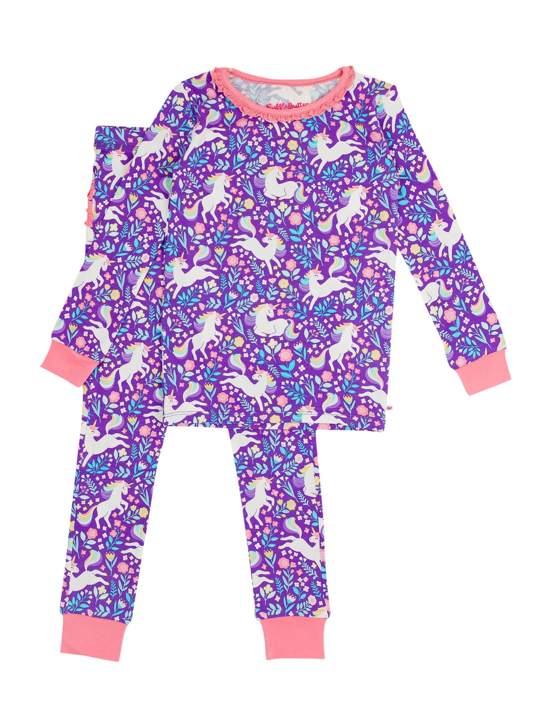 Toddler Girls Unicorn Meadow Bamboo Viscose Ruffle Long Sleeve Pajama Set