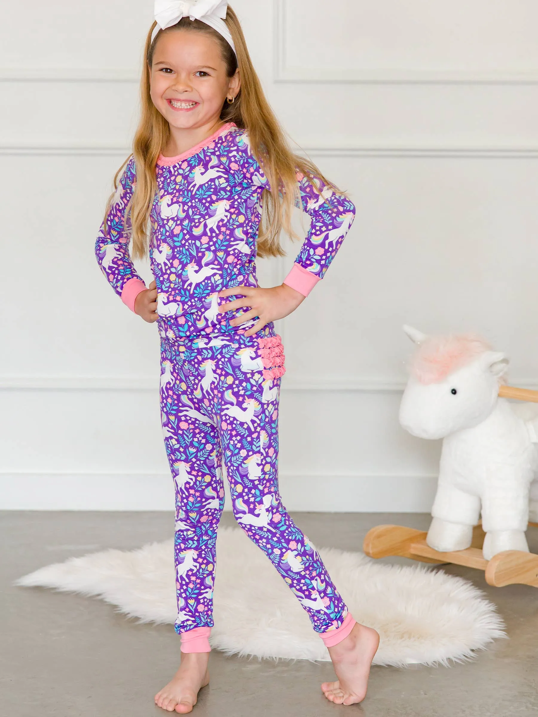 Toddler Girls Unicorn Meadow Bamboo Viscose Ruffle Long Sleeve Pajama Set