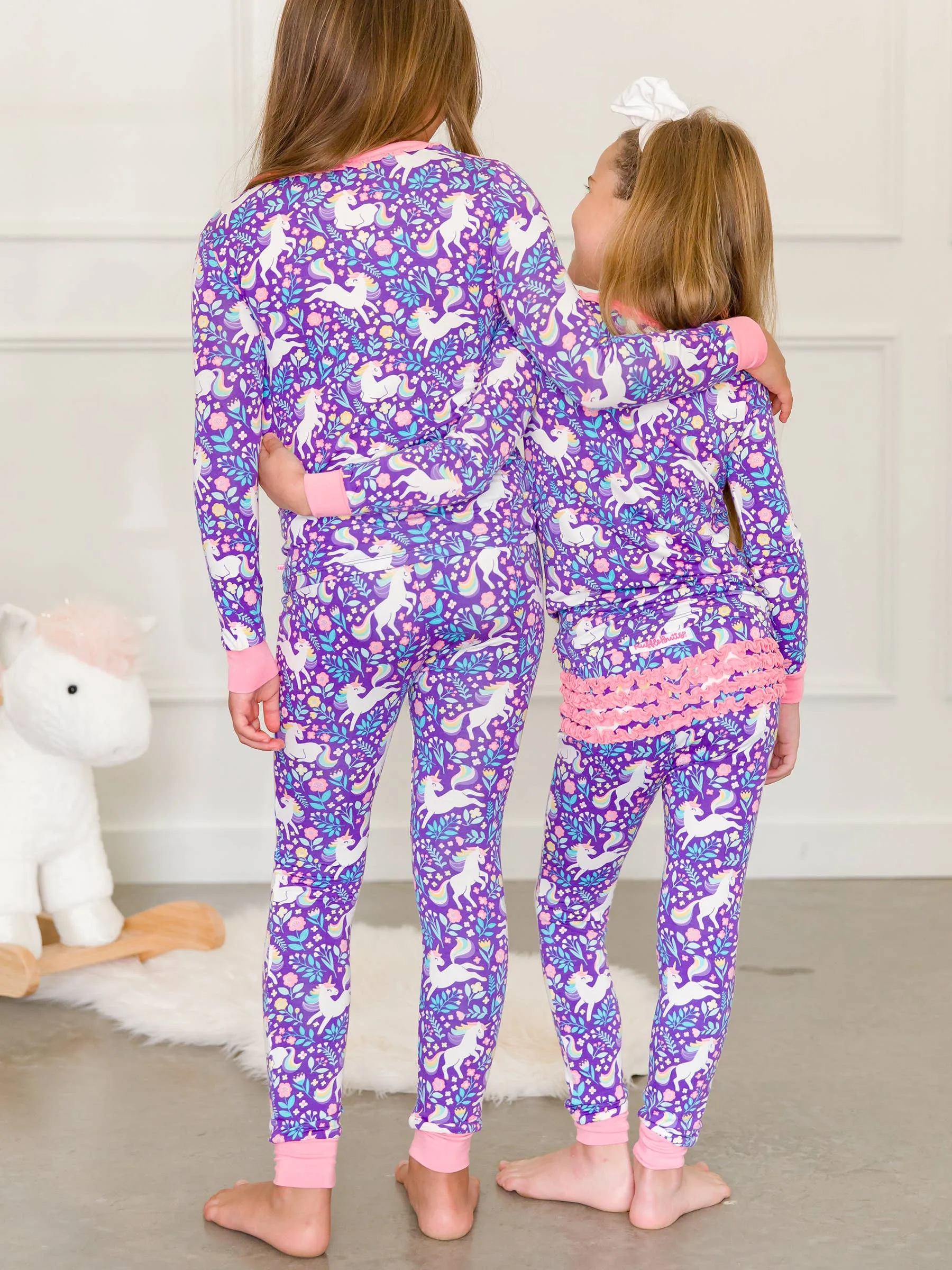 Toddler Girls Unicorn Meadow Bamboo Viscose Ruffle Long Sleeve Pajama Set