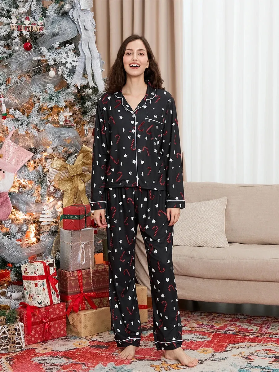 Toleet-Women’s 2 Piece Christmas Pajama Set Graphic Print Long Sleeve Button Up Shirt Tops   Pants Set Winter Lounge Sleepwear