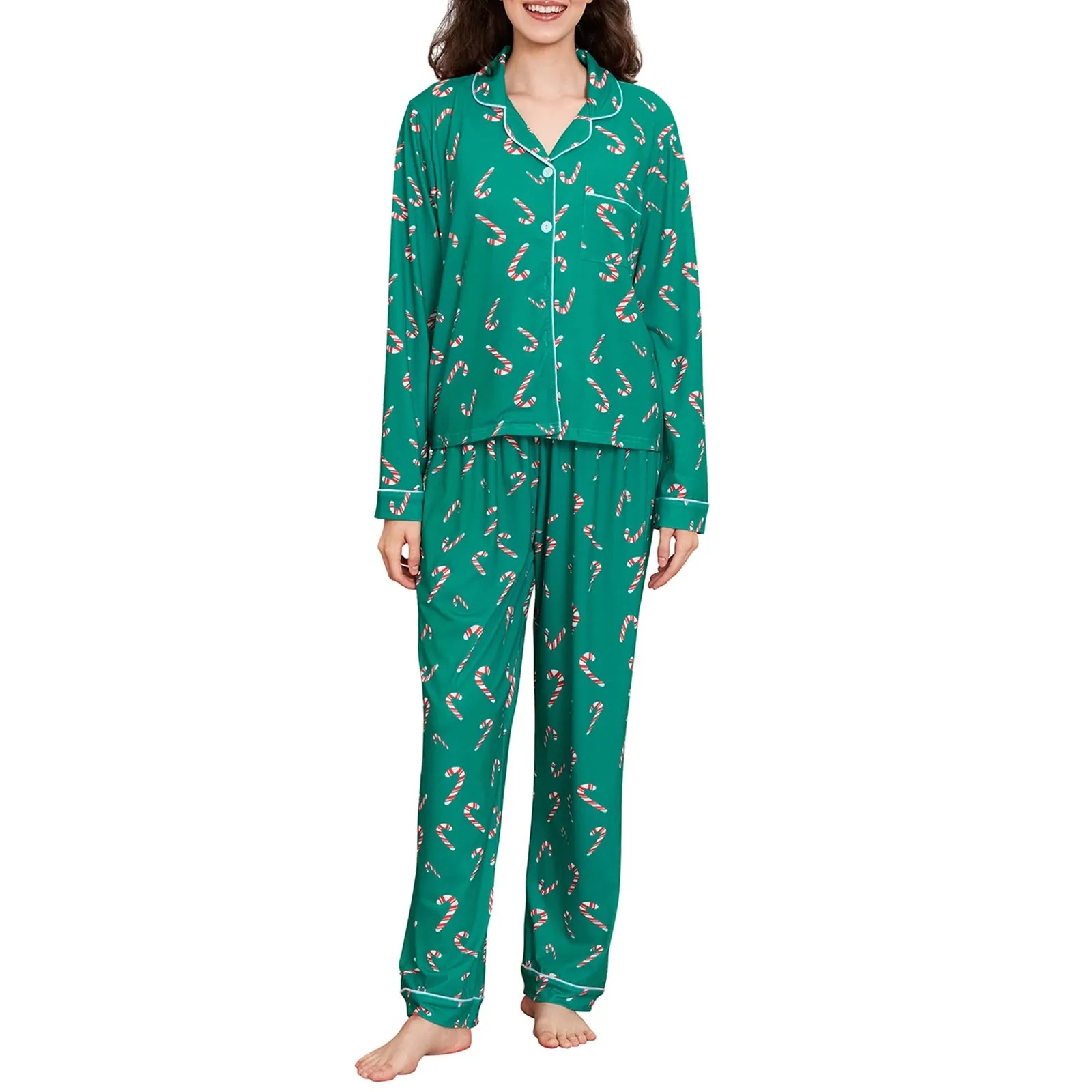 Toleet-Women’s 2 Piece Christmas Pajama Set Graphic Print Long Sleeve Button Up Shirt Tops   Pants Set Winter Lounge Sleepwear