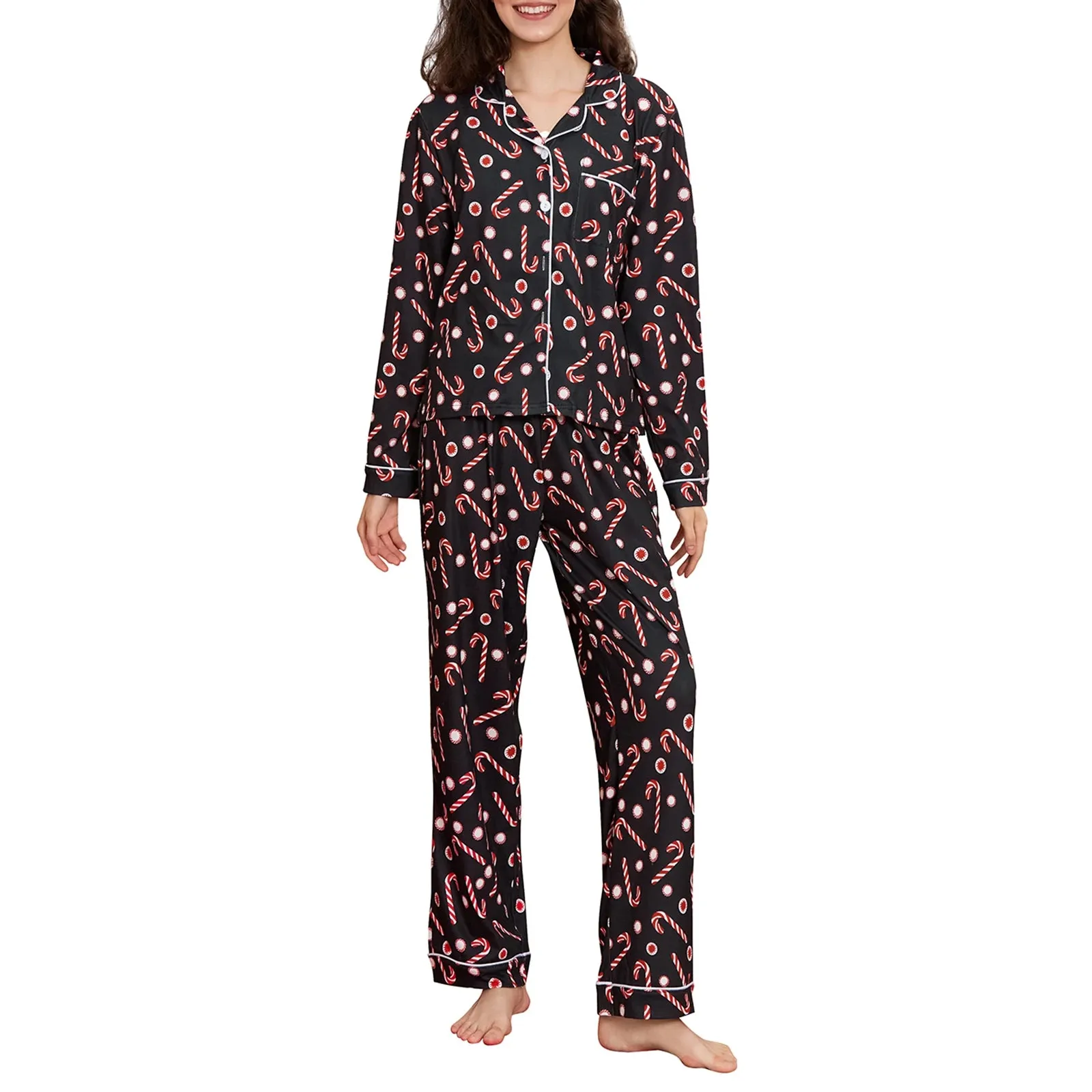 Toleet-Women’s 2 Piece Christmas Pajama Set Graphic Print Long Sleeve Button Up Shirt Tops   Pants Set Winter Lounge Sleepwear