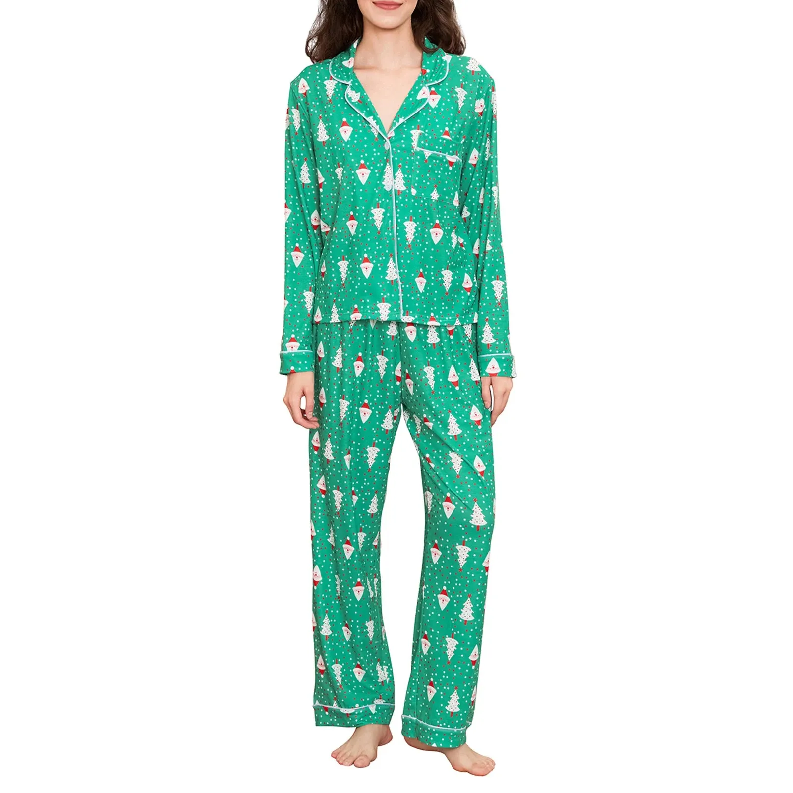 Toleet-Women’s 2 Piece Christmas Pajama Set Graphic Print Long Sleeve Button Up Shirt Tops   Pants Set Winter Lounge Sleepwear