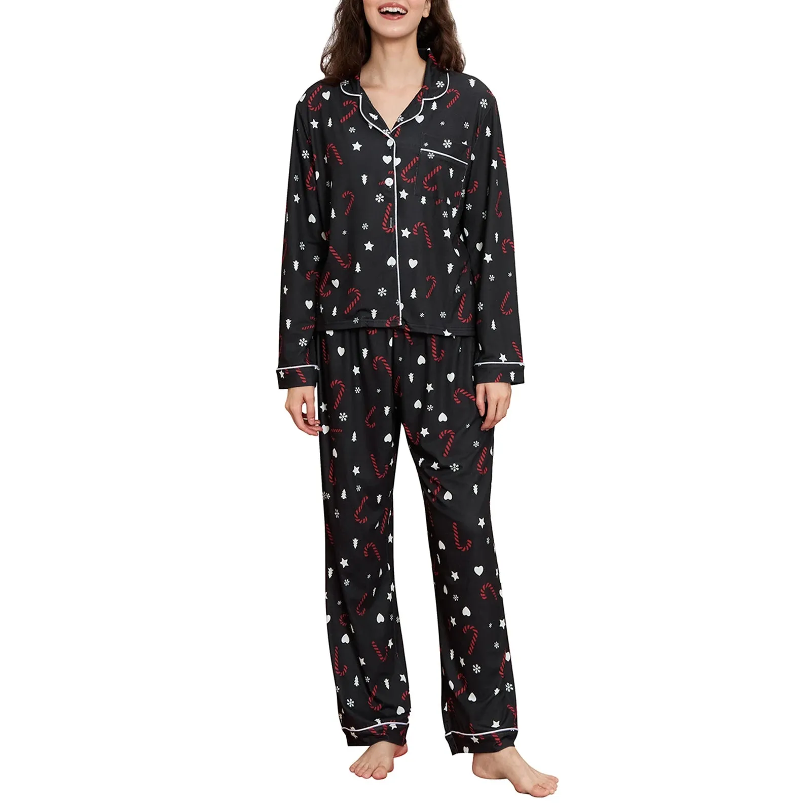 Toleet-Women’s 2 Piece Christmas Pajama Set Graphic Print Long Sleeve Button Up Shirt Tops   Pants Set Winter Lounge Sleepwear