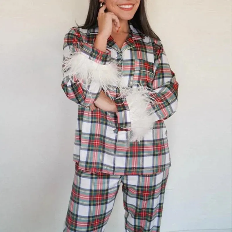 Toleet-Women's 2 Pieces Pajama Set Long Sleeve Lapel Button Blouse Shirt Tops   Plaid Pants Sleepwear Sets Xmas Furry Trim Pj Sets