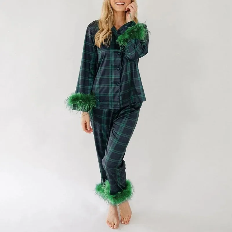 Toleet-Women's 2 Pieces Pajama Set Long Sleeve Lapel Button Blouse Shirt Tops   Plaid Pants Sleepwear Sets Xmas Furry Trim Pj Sets