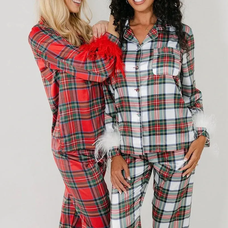 Toleet-Women's 2 Pieces Pajama Set Long Sleeve Lapel Button Blouse Shirt Tops   Plaid Pants Sleepwear Sets Xmas Furry Trim Pj Sets