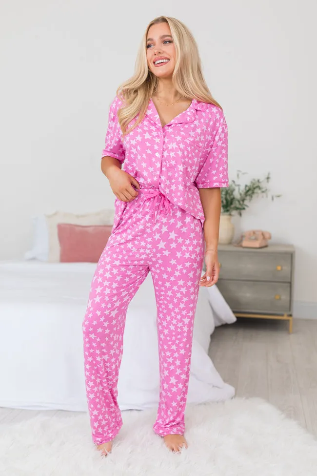 Under The Stars Pink Tonal Stars Short Sleeve Bamboo Pajama Top FINAL SALE