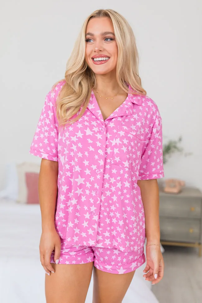 Under The Stars Pink Tonal Stars Short Sleeve Bamboo Pajama Top FINAL SALE