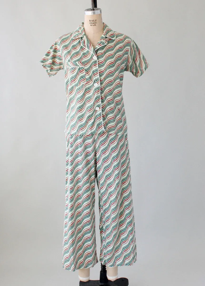 Vintage Late 1940s Waves and Stripes Cotton Pajama Set