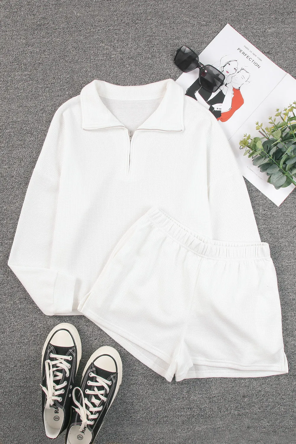 Waffle Zipped Sweatshirt and Shorts Set