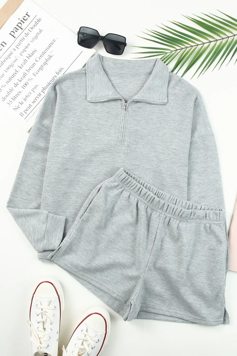 Waffle Zipped Sweatshirt and Shorts Set