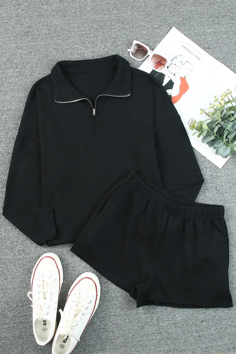 Waffle Zipped Sweatshirt and Shorts Set