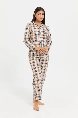 Women Beige Checkered Pyjama Set (2 Piece)