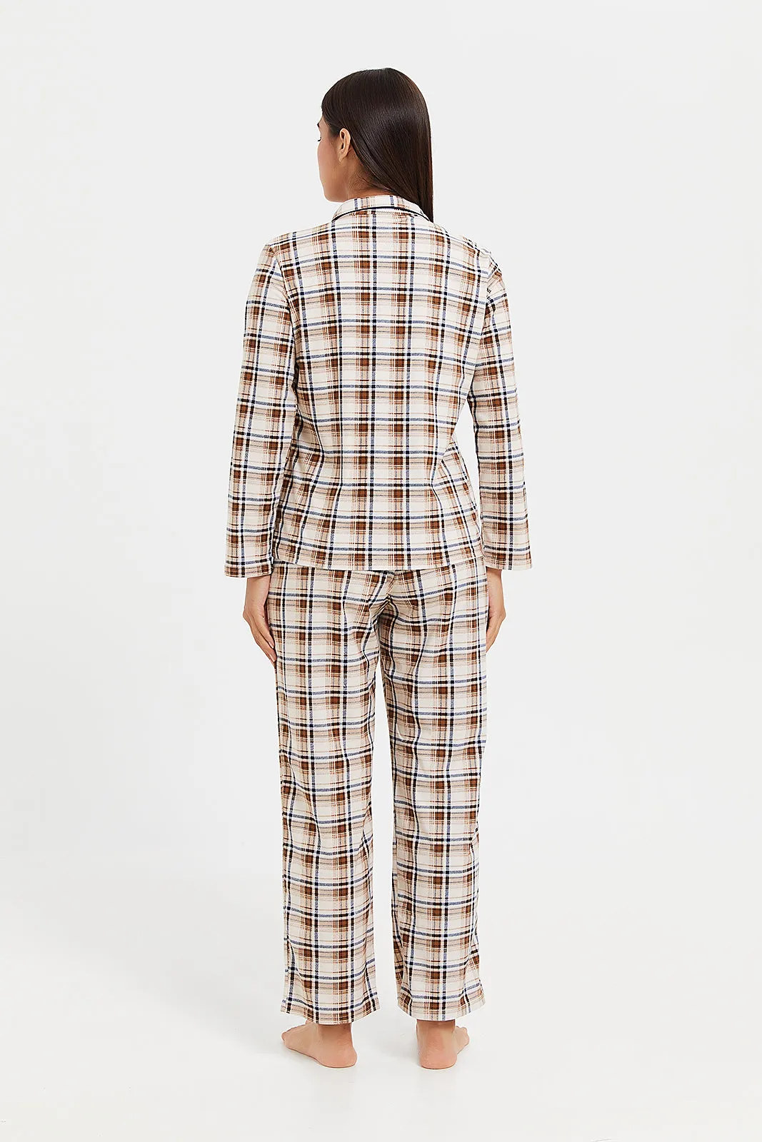 Women Beige Checkered Pyjama Set (2 Piece)