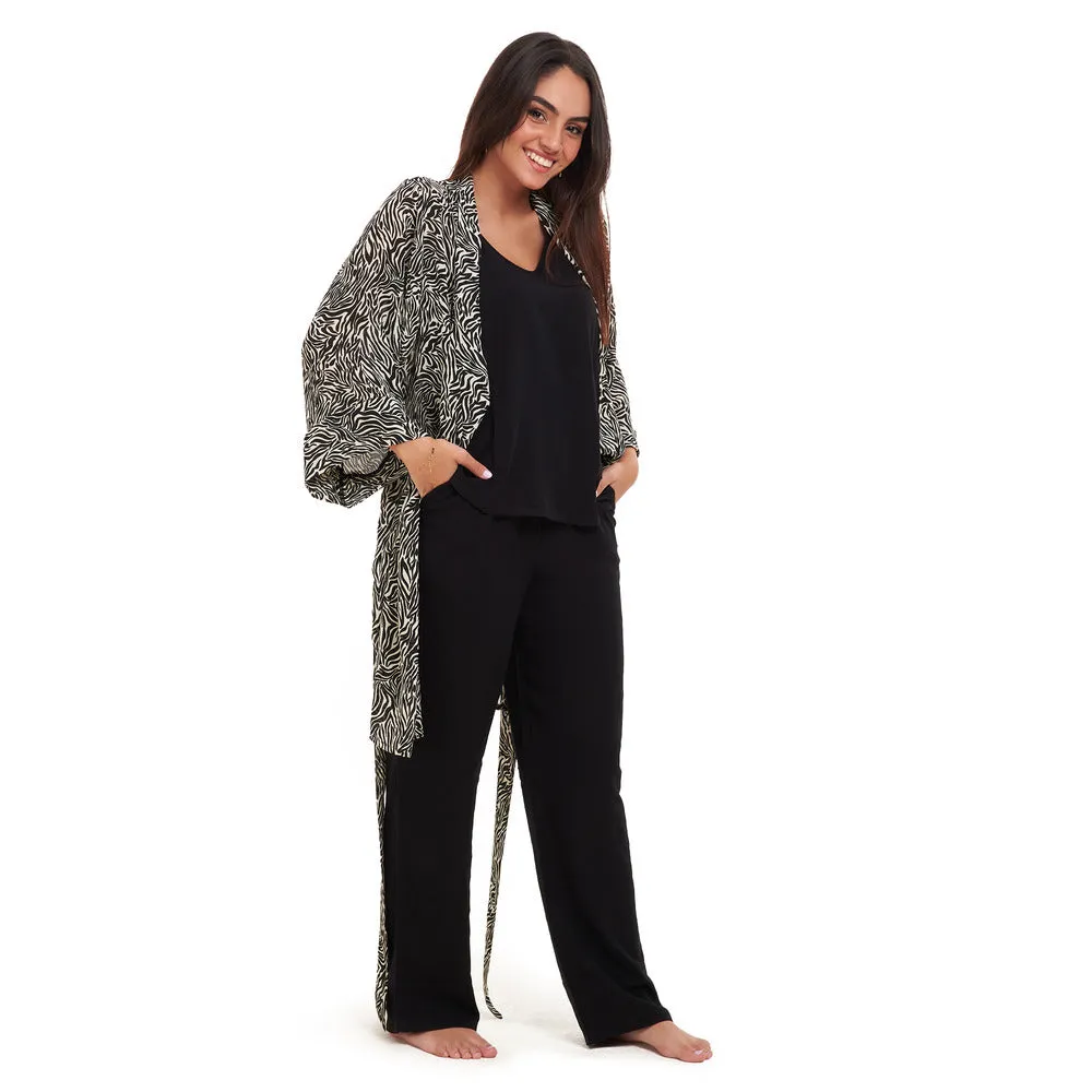 Women summer 3 piece pajama set  Black zebra pattern kimono   Black top & Pants