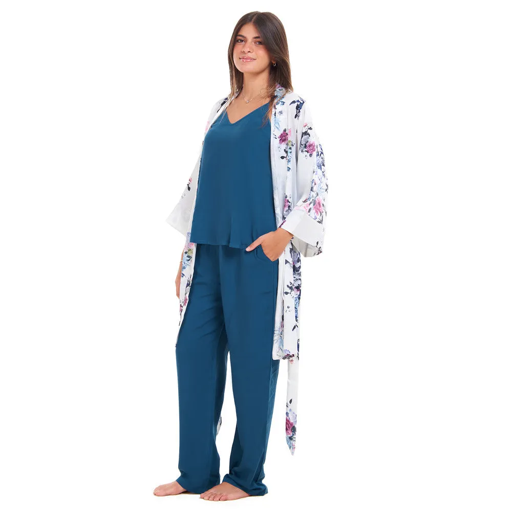 Women summer 3 piece pajama set  Floral pattern kimono   Blue top & Pants