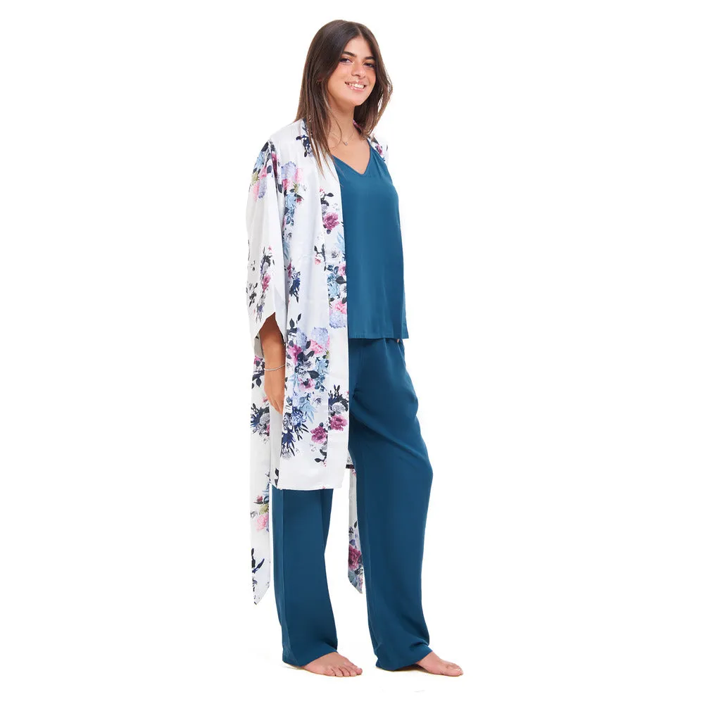 Women summer 3 piece pajama set  Floral pattern kimono   Blue top & Pants