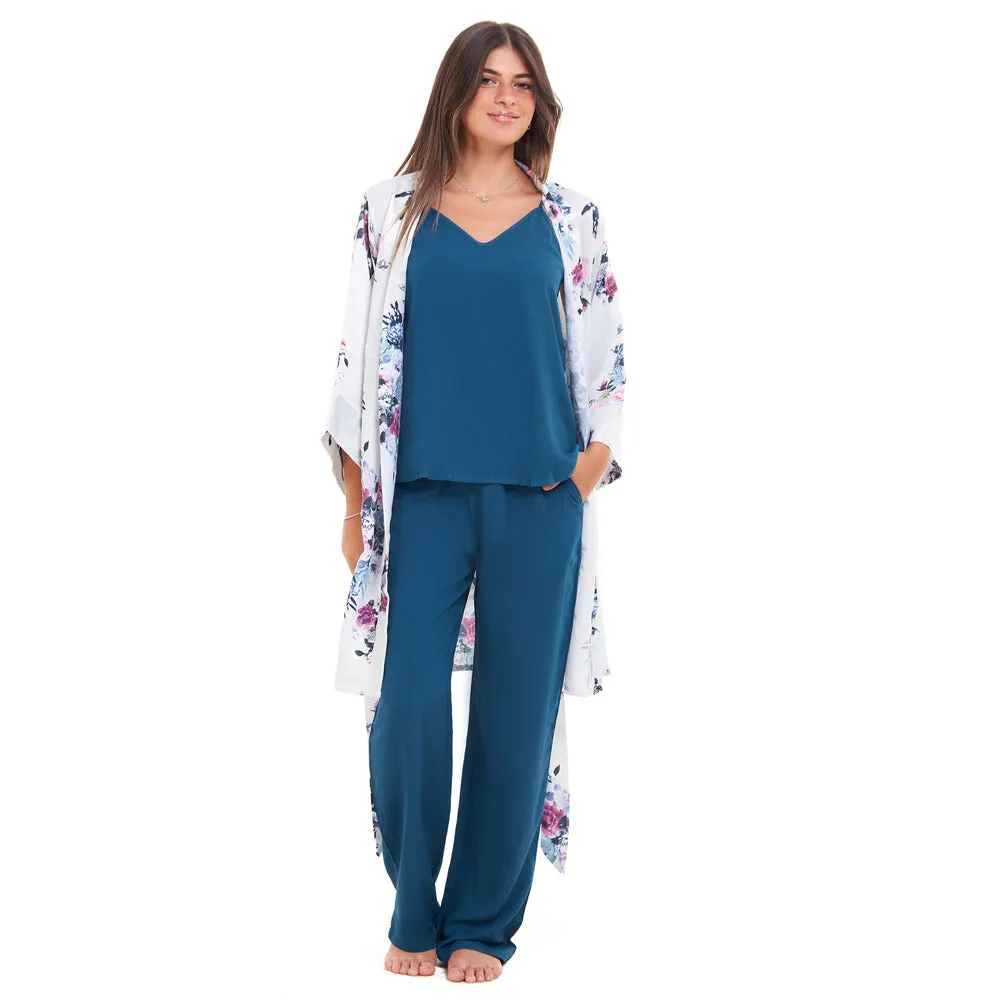 Women summer 3 piece pajama set  Floral pattern kimono   Blue top & Pants