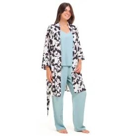 Women summer 3 piece pajama set  Mint x  Black Floral pattern kimono   Baby Blue top & Pants