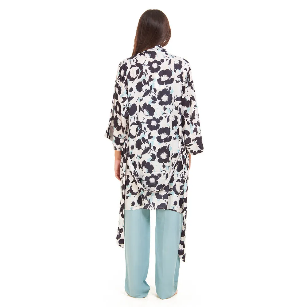 Women summer 3 piece pajama set  Mint x  Black Floral pattern kimono   Baby Blue top & Pants