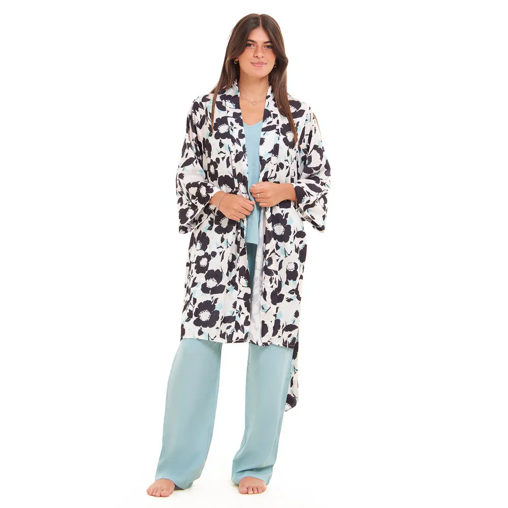 Women summer 3 piece pajama set  Mint x  Black Floral pattern kimono   Baby Blue top & Pants