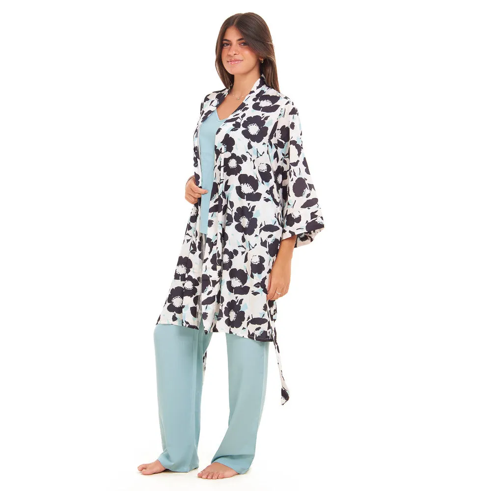 Women summer 3 piece pajama set  Mint x  Black Floral pattern kimono   Baby Blue top & Pants