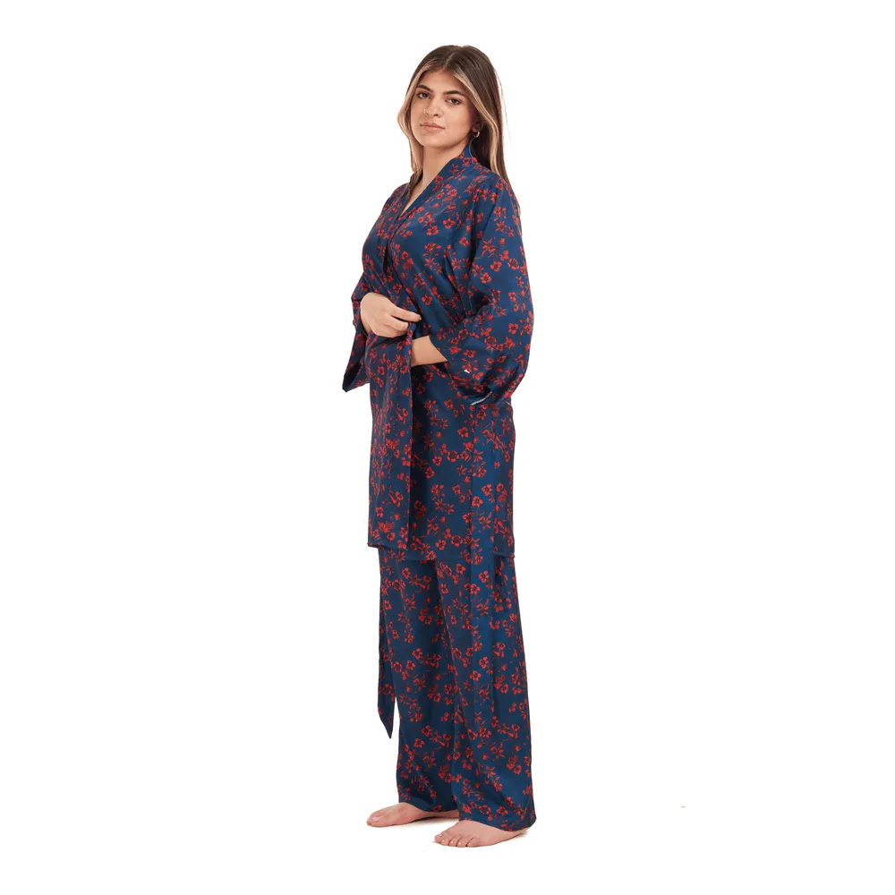 Women Summer 3 piece pajama set Red flowered kimono, top & pants