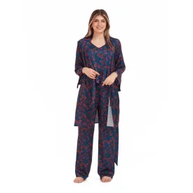 Women Summer 3 piece pajama set Red flowered kimono, top & pants