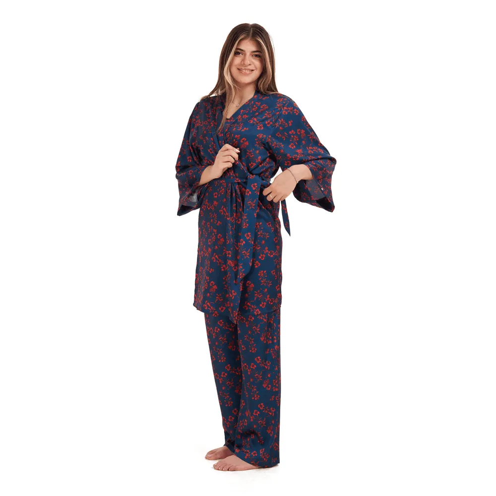 Women Summer 3 piece pajama set Red flowered kimono, top & pants