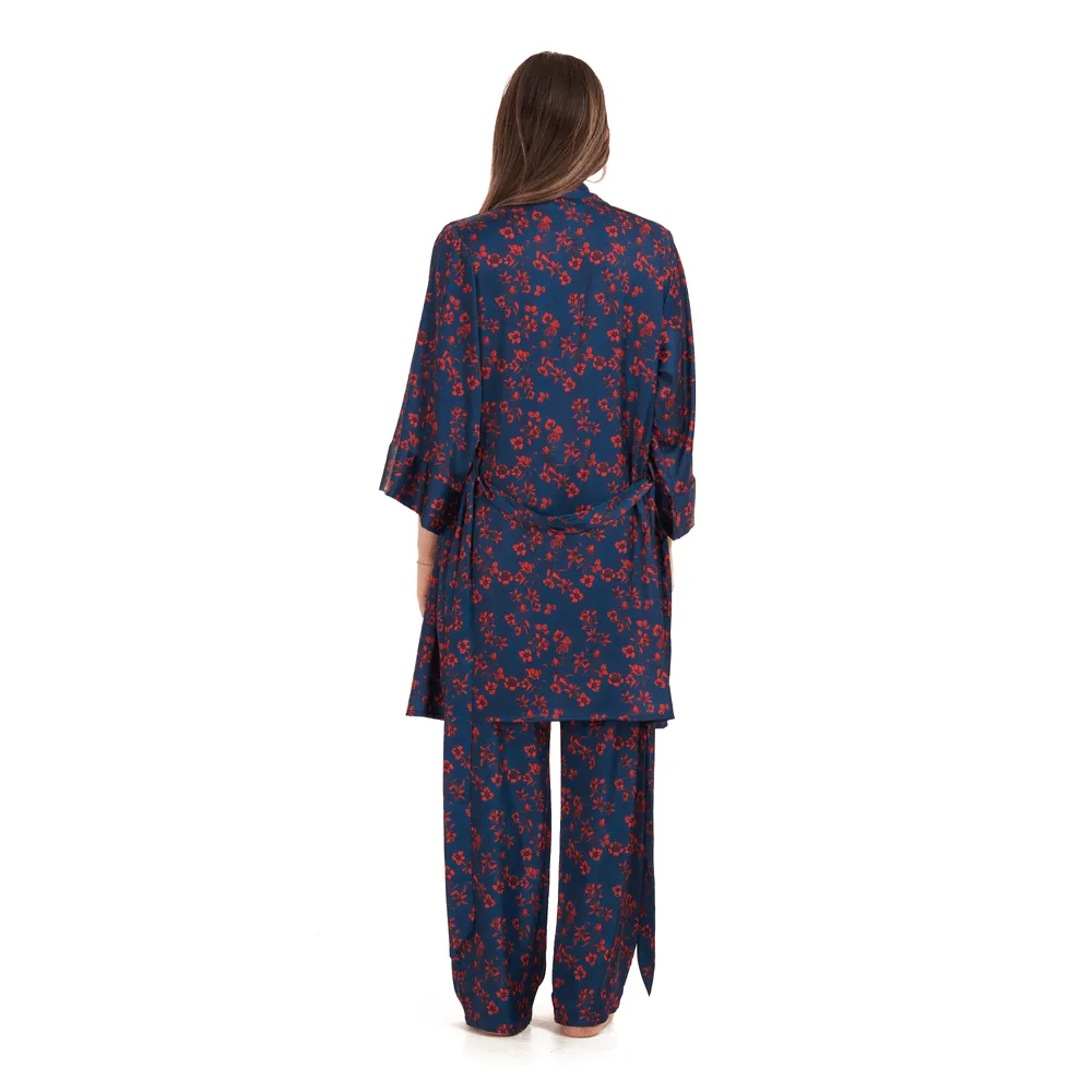 Women Summer 3 piece pajama set Red flowered kimono, top & pants