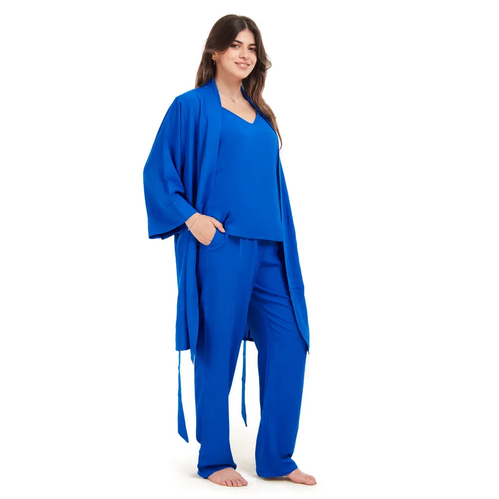 Women summer 3 piece pajama set  Royal Blue Top   Royal Blue kimono & Pants