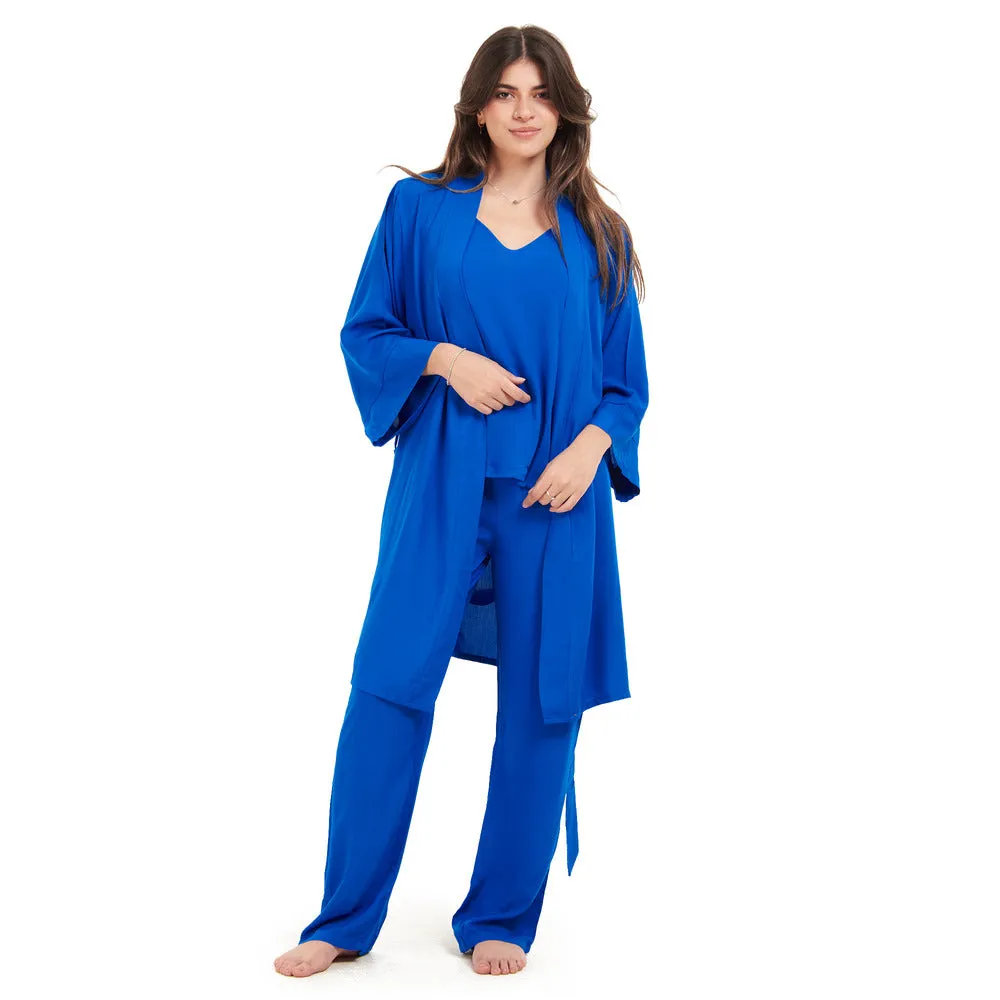 Women summer 3 piece pajama set  Royal Blue Top   Royal Blue kimono & Pants