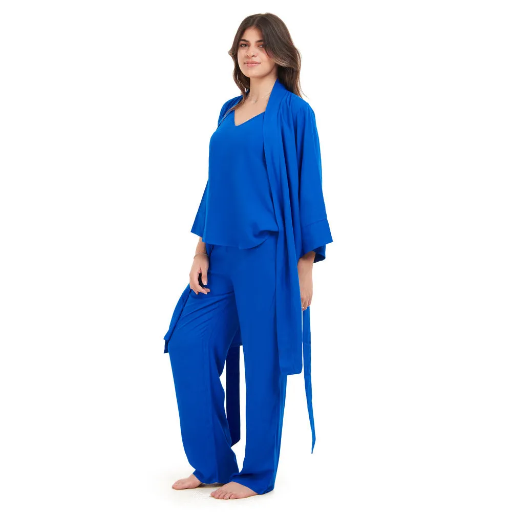 Women summer 3 piece pajama set  Royal Blue Top   Royal Blue kimono & Pants