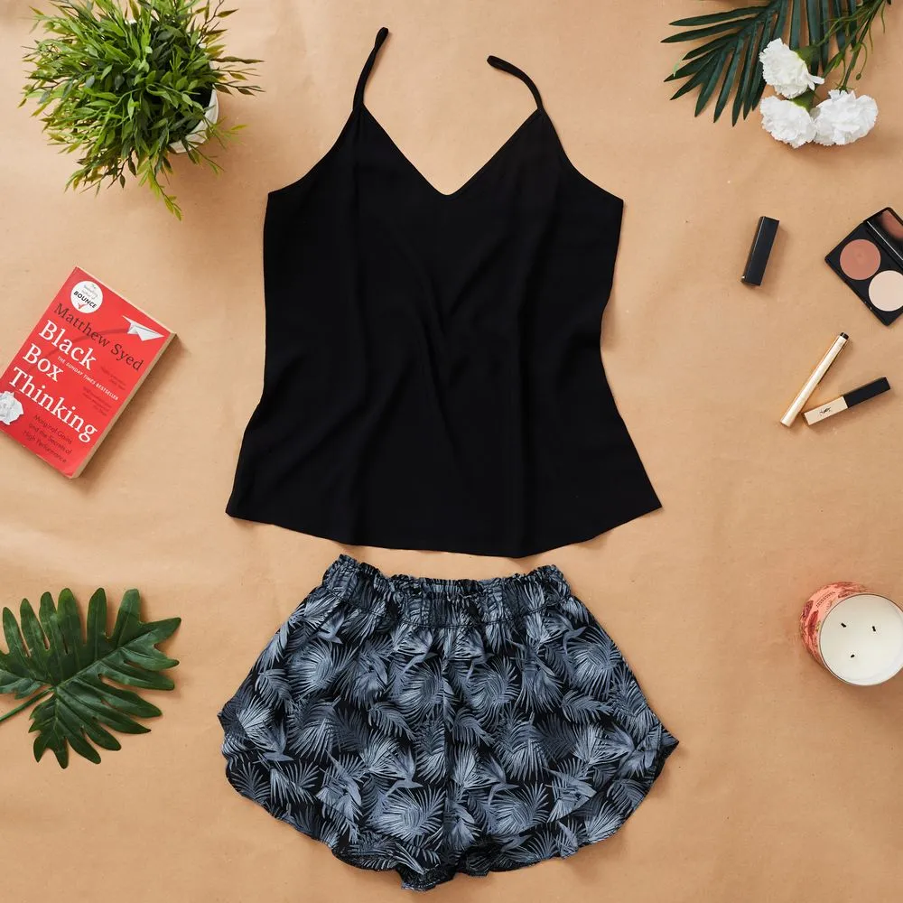 Women summer pajama set Black top   black x white leaves ruffles shorts