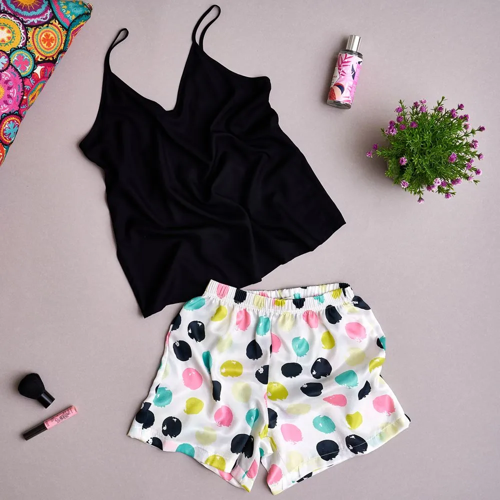 Women summer pajama set Black top   Colorful dots shorts