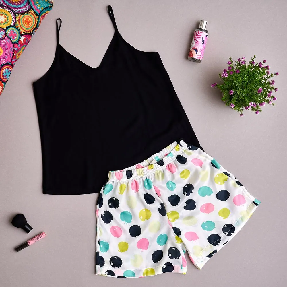 Women summer pajama set Black top   Colorful dots shorts