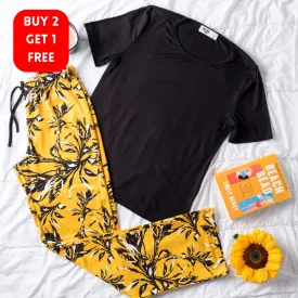 Women summer pajama set Black top   leaves Pattern pants