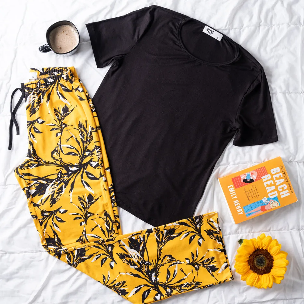 Women summer pajama set Black top   leaves Pattern pants