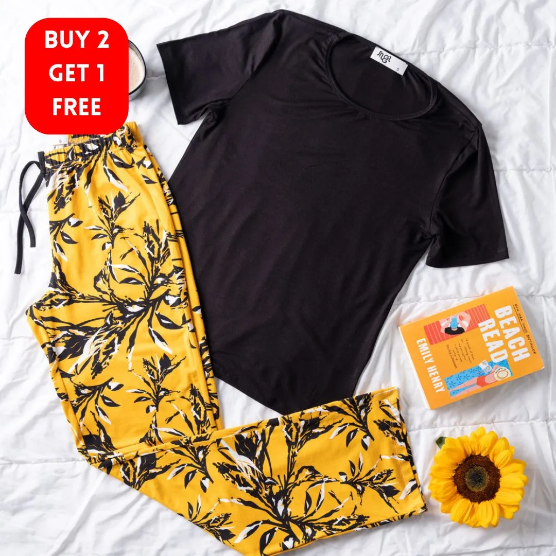 Women summer pajama set Black top   leaves Pattern pants