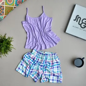 Women summer pajama set Light purple top  Checkered shorts