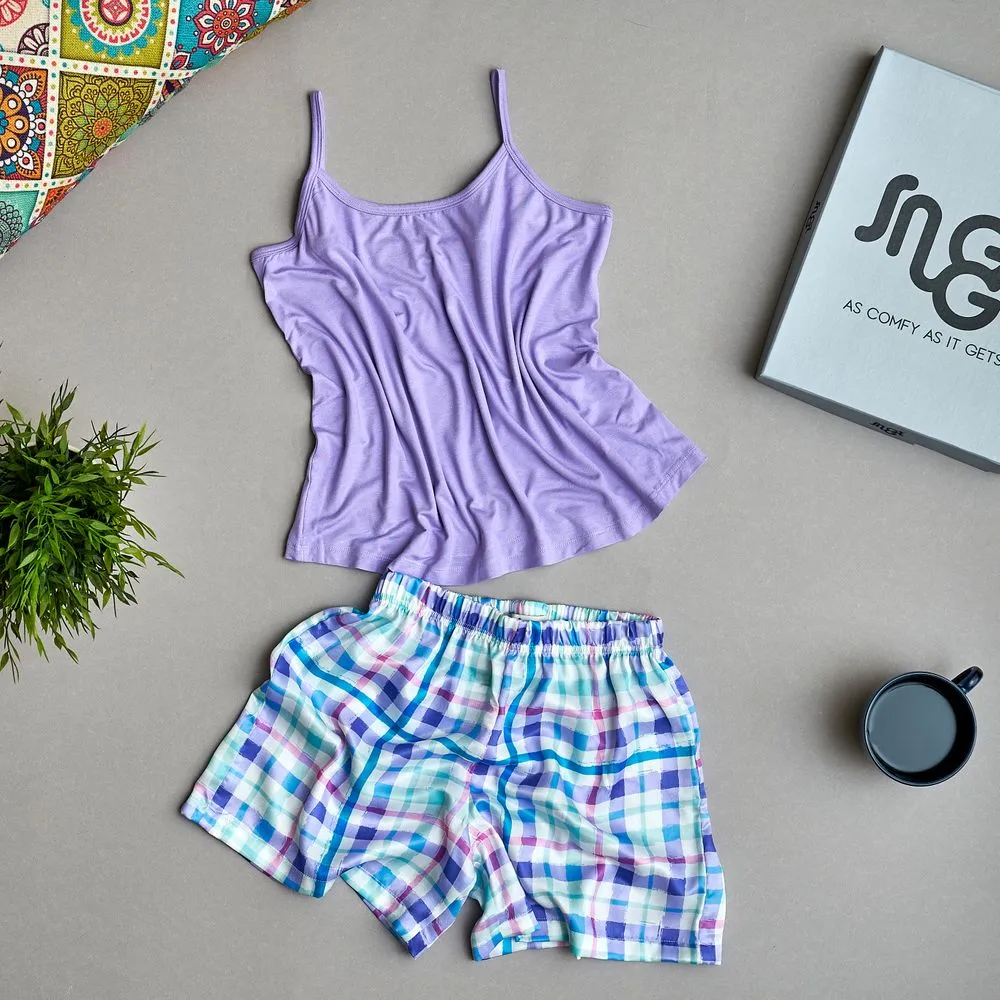 Women summer pajama set Light purple top  Checkered shorts