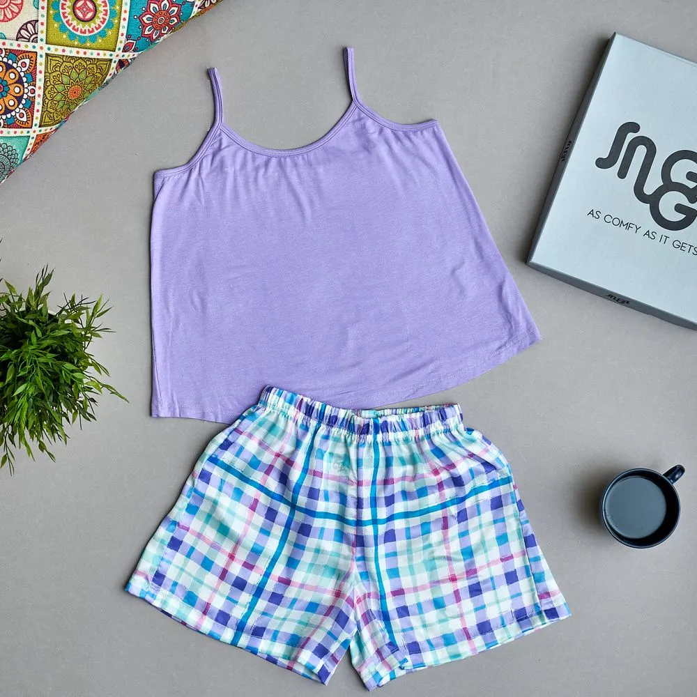 Women summer pajama set Light purple top  Checkered shorts