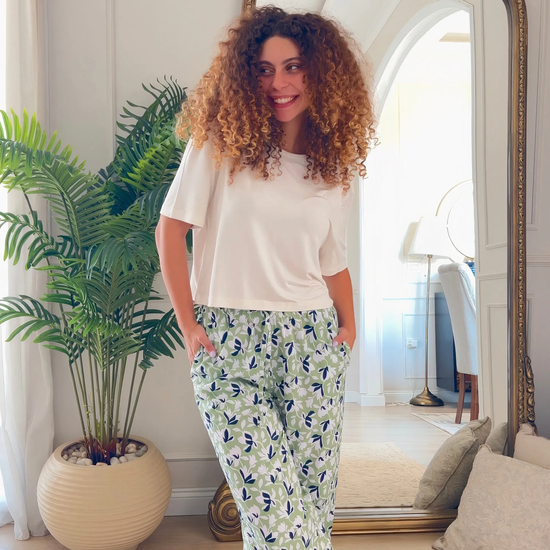 Women summer pajama set Off White Cropped top   Green x Blue floral Pattern pants